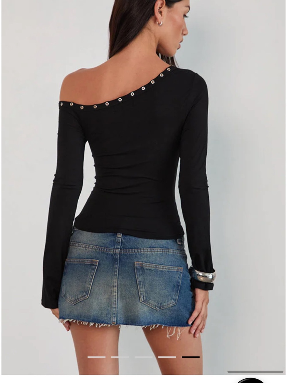 Off-Shoulder Black Long-Sleeve Top with Eyelet Trim - Picture 2 of 4